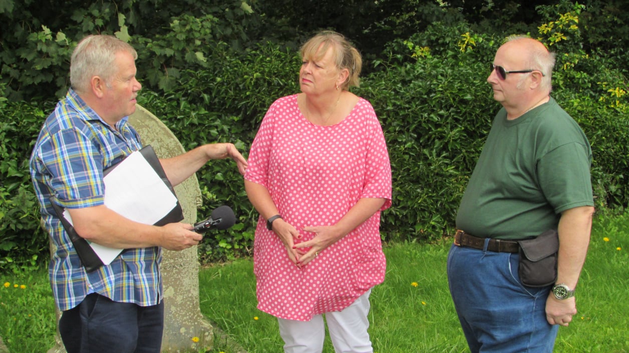 John and Sally interviewing Stephen in Bakewell Cemetery